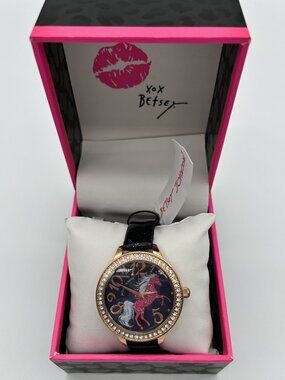 Betsey Johnson Unicorn Motif Dial Crystal Bezel Black Glitter Watch NIB